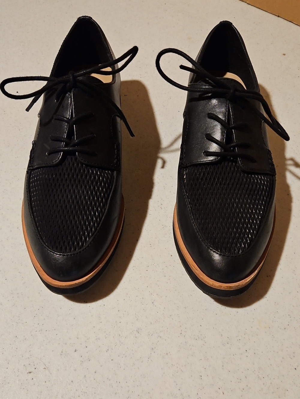 Aldo Black Lace-Up Flats with Tan Accent
